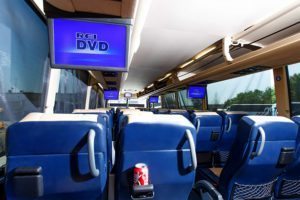 Inside luxury coach Via Trailways bus.